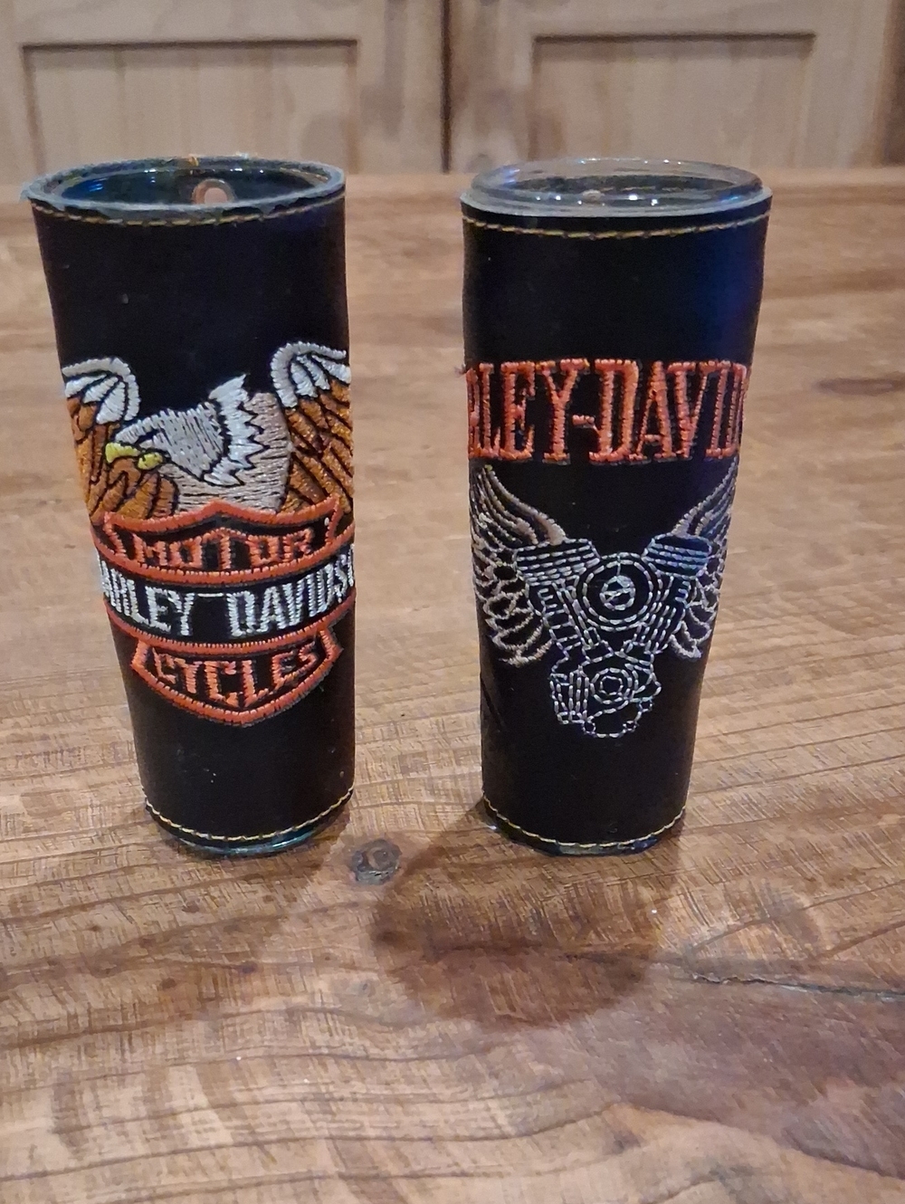 Harley-Davidson Black Leather Shot Glass Covers with Orange & White Embroidery